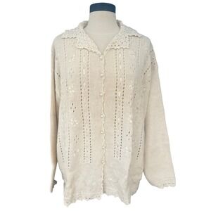 Vtg 90s Coquette Pointelle Ribbon Lace Eyelet Cream Cardigan Sweater 3X Dollette